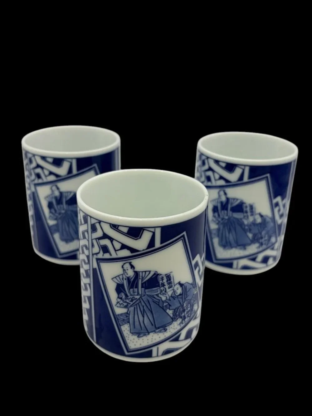 Set of 3 Vintage Japanese Blue & White Yunomi Tea Cups Sumo Wrestler Porcelain